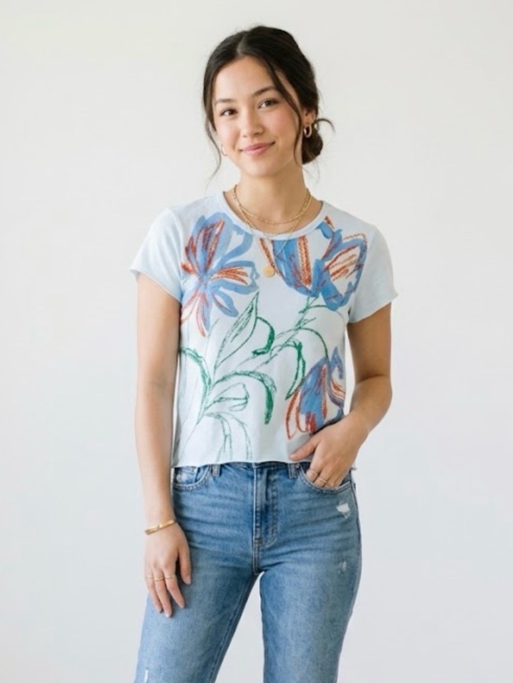 Anthropologie Abstract Floral Baby Tee Light Blue Crop Graphic T-Shirt